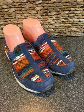 Easy Spirit Travel Time Multicolor Striped Slip-On Shoes with Blue Suede Trim